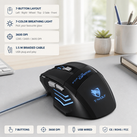Mouse Gaming USB Berkabel 7 Tombol 3600 DPI 7 Warna Lampu Berpendar Hitam Desain Klasik untuk PC Laptop OEM ODM CE ROHS FCC