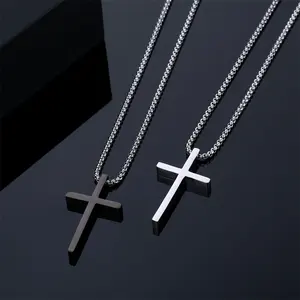 Hot selling Silver Black Stainless Steel Prayer Cross Pendant Chain Necklace Jewelry for Men Women Box Chain
