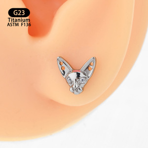 G23 <b>Titanium</b> Cat Head <b>Stud</b> Earrings 7.8mm X 7.5mm With Zircon Inlay For Body Piercing Jewelry - Product Image 2