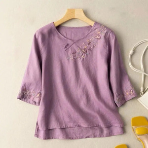 Chinese Style Embroidered <b>Shirt</b> Purple Cotton Linen Three Quarter Sleeve Top Everyday Wear - Product Image 1