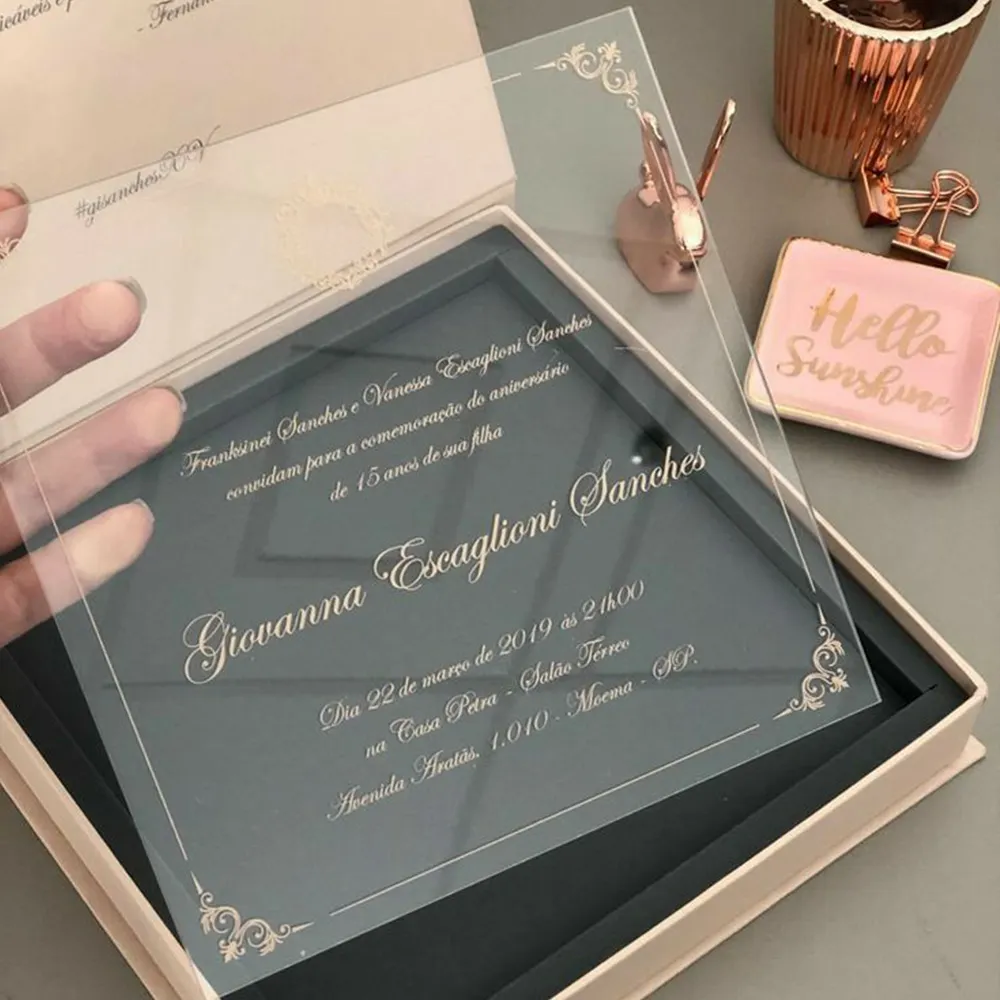 Роскошный дизайн логотипа уникальный прозрачный акриловый золотой фольги свадебные приглашения с конвертом и восковой печатью