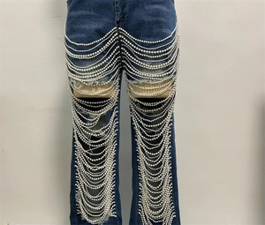 Moda 2024 verano nuevo agujeros <span class=keywords><strong>rotos</strong></span> perla borlas cadena <span class=keywords><strong>mujer</strong></span> <span class=keywords><strong>Jeans</strong></span> Pantalones rectos de <span class=keywords><strong>mujer</strong></span> - Product Image 6