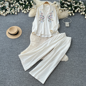 Conjunto de 2 Piezas para Mujer, Camisa de Manga Larga con Cuello y Bordado Floral, Pantalones Anchos con Cintura Elástica, Estilo Casual para Primavera, Otoño y Vacaciones - Product Image 2