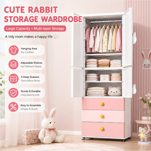 Armario Moderno y Adorable para Bebés, 2 Puertas, 3 Cajones, 2 Estantes, Barra para Ropa Extraíble, Perilla de Conejo, Armario Infantil con Cajones de Almacenamiento - Product Image 2