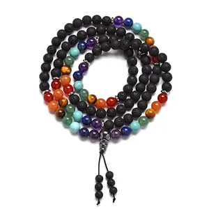 Boho 7 Chakra 108 Mala Prayer Bead Yoga Jewelry Necklace Lava Rock Stone Essential Oils Diffuser Rosary Necklace
