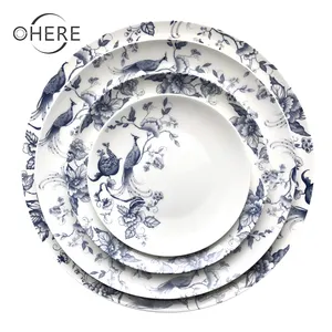 2020 Ohere लक्जरी डिजाइन के साथ रेस्तरां मिठाई स्टेक प्लेट सफेद और नीले decals चीनी मिट्टी प्लेटें शादी के लिए