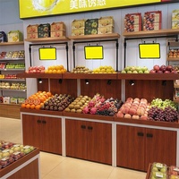 Modulair dubbeldeks zwaarbelastbaar metalen & houten fruit- en groentepresentatie rek met onderkast voor supermarkt groenteafdeling