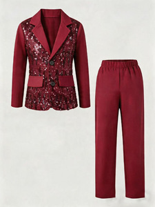 <span class=keywords><strong>Costume</strong></span> de cérémonie pour enfants rouge bordeaux à manches contrastantes et sequins, infroissable, idéal pour les événements festifs, les réceptions, le piano, les anniversaires et le Nouvel An - Product Image 1