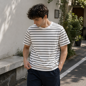 T-shirt rayé à manches courtes pour homme, col rond, coupe classique, décontracté, en coton tricoté respirant - Product Image 2