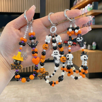 Chaîne de téléphone et dragonne de poignet DIY personnalisées, faites à la main, en résine, cristal et acier inoxydable, avec motifs de dessin animé (citrouille d'Halloween, fantôme), ornées de perles, et porte-clés 2-en-1