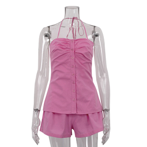Top senza maniche con scollo all'americana allacciato e pantaloncini in vita elasticizzati Sexy <span class=keywords><strong>Casual</strong></span> in cotone 2 pezzi Set di <span class=keywords><strong>abbigliamento</strong></span> estivo da <span class=keywords><strong>donna</strong></span> - Product Image 3