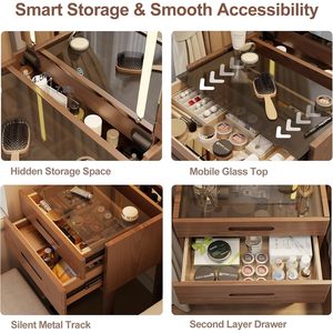Cómoda de Madera Maciza Estilo Moderno de Mediados de Siglo, Tocador con Tapa Abatible, Escritorio de Maquillaje Estrecho con Espejo Iluminado LED para Espacios Pequeños SZT012 - Product Image 6