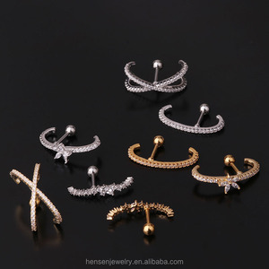 Gold Silver Flower Long Bar Lobe Cuff Cartilage CZ Earring Large Lobe Piercing <strong>Second</strong> Piercing Earring <strong>Studs</strong> - Product Image 2