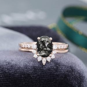 Ensemble de bagues de fiançailles vintage en or rose décoratif demi-éternité incurvée 2 pièces Quartz noir rutilé pour femmes pour mariage - Product Image 1