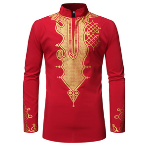 Chemises Traditionnelles Musulmanes pour Hommes Africains, Coupe Slim, Imprimées Noir, Bleu Marine et Doré, Manches Longues, Vente en Gros - Product Image 2