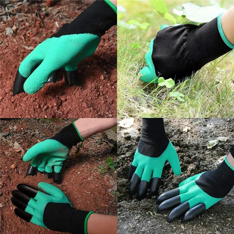 Gants de travail en caoutchouc imperméables avec griffes du bout des doigts Gants de jardin respirants pour creuser et planter