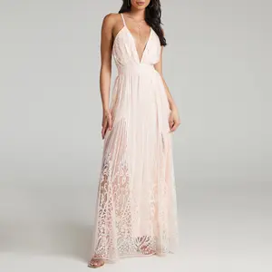 Slap-up Goddess Low Waist Full Dress Women's Clothing Light Pink V-neck Sexy Halter Party Evening Dresses