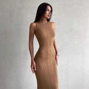 Jupe longue élégante pour femme, coupe droite ajustée, sans manches, col rond, tricot côtelé, couleur unie, style européen et américain, collection 2026, vente chaude - Product Image 4