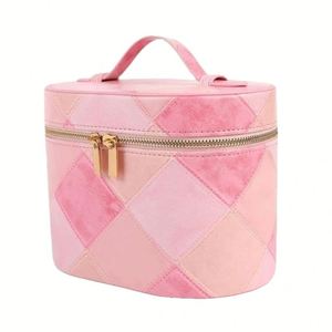 Custom Logo Quilted <b>Makeup</b> Case Portable Cylinder Cosmetic <b>Box</b> with Top Handle - Product Image 1