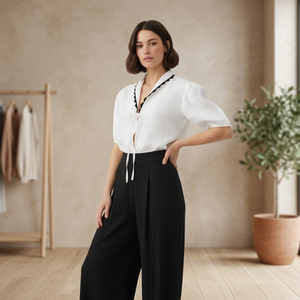 Stylish Asymmetrical Crop <b>Top</b> <b>White</b> <b>Tie</b> Front Puff Sleeve Lightweight Soft Fabric Comfortable Summer Blouse Retro Design Casual - Product Image 2