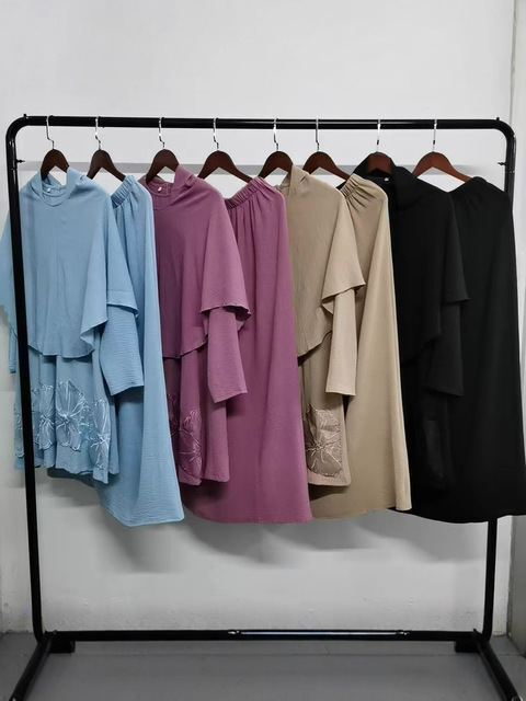 3Piece Ramadan Eid Baju Kurung Modest Islamic Polyester Maxi Long Sleeve for Abaya Dress Khimar Set Solid Pattern