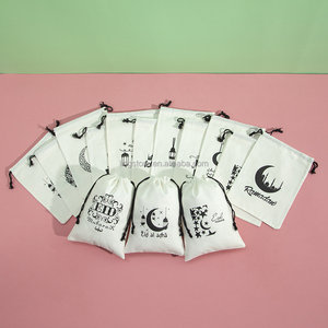 <b>White</b> Printed Cotton Linen Drawstring Pouch for Moslem Jewellery Essential Oils Candles Packaging for Eid Al-Fitr Gift Dust <b>Bags</b> - Product Image 1