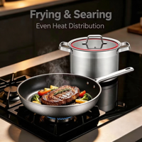Ensemble de 9 ustensiles de cuisson en acier inoxydable écologiques, personnalisables en gros, comprenant casseroles, poêles, faitouts et poêles à frire, sans revêtement