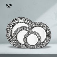 Service de vaisselle en porcelaine en gros, motif noir et blanc porte-bonheur, compatible lave-vaisselle, four et micro-ondes, réutilisable pour table de mariage