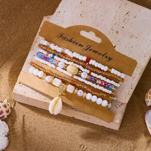 Summer Boho Cowrie Bracelet <b>Set</b> Multilayer Colorful Rice Beads Stretch <b>Bangles</b> Bracelet for Women Beach Vacation Jewelry - Product Image 1