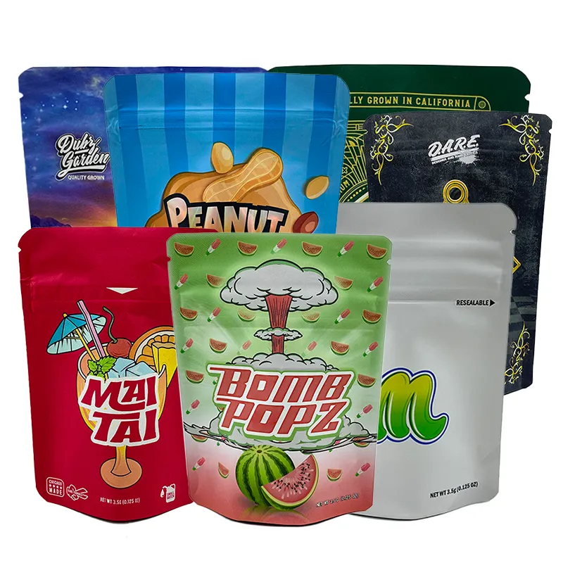 Có thể khóa lại doypack ăn được in bánh quy màu Gummies kẹo bao bì thực phẩm Cali 3.5g 8 7G 14g 28g 35g đứng lên túi