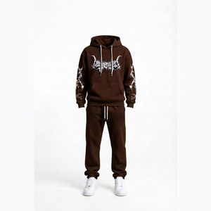 Ensemble de survêtement gothique marron pour homme, sweat-shirt à capuche et pantalon en molleton de coton à manches longues avec motif imprimé blanc, idéal pour l'automne - Product Image 1