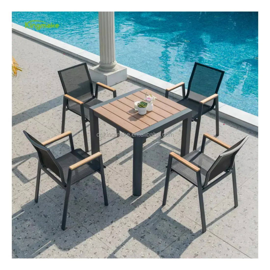 Hot Sale 4-Sitzer quadratischen Bistro tisch Restaurant verwendet Kunststoff Holzplatte Esstisch und Stühle Gartenmöbel Set für Balkon