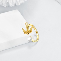 Fine Jewelry Bague ouverte oiseau hirondelle en argent sterling 925 plaqué or perle d'eau douce