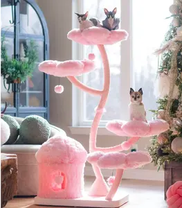 Torre de árvore de gato floral de madeira rosa luxuosa, multicamadas, moderna, flor de escalada para gatos, condomínio com poste de arranhar de sisal