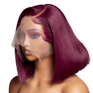 Peluca Bob de Cabello Humano Brasileño 100% Natural, Color 99J Borgoña, 13x4, Lisa, con Frente de Encaje Transparente, Color Rojo Vino, Pelucas Bob Cortas para Mujer - Product Image 1