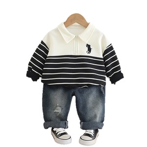 Nouvelle collection 2026 : Ensemble tendance pour garçons – Sweat à capuche, polo rayé à manches longues et <span class=keywords><strong>jean</strong></span> pour le printemps et l'automne - Product Image 5