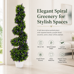 Arbre artificiel en spirale de lavande de 120 cm dans un pot blanc, feuillage vert, fleurs violettes, pour patio, mariage, décoration intérieure - Product Image 2