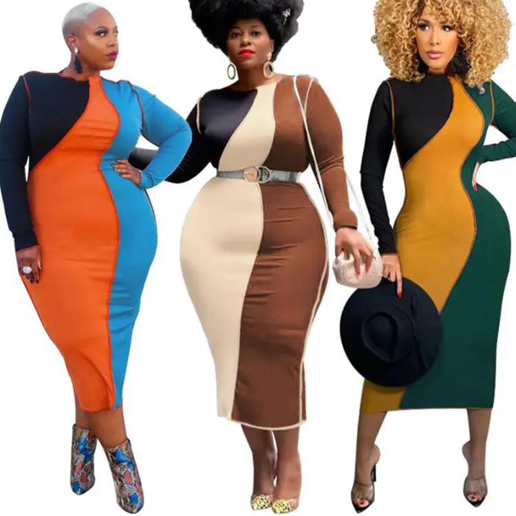 Fashion Women's Clothing Casual Long Sleeve Splicing Collision Color Plus Size S-5XL Dresses for Fat Women 2022