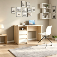 Bureau d'ordinateur compact de 110 cm de large avec 3 tiroirs interchangeables gauche-droite, installation rapide, guide vidéo inclus, idéal pour chambre d'adolescent, usage domestique
