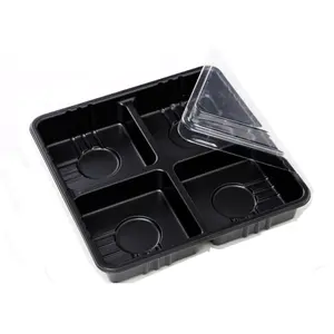 高品质一次性吸塑4腔巧克力托盘糖果盒迷你月饼盒透明盖黑色底座