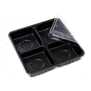 Plateau à chocolat jetable en plastique de haute qualité à 4 cavités, boîte à bonbons, mini boîtes à gâteaux de lune, couvercle transparent, base noire