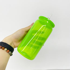 Lata acrílica de plástico de 16oz de Color neón transparente reciclable de almacén de EE. UU. con tapa de PP y pajita para café helado Soda <span class=keywords><strong>Pop</strong></span> - Product Image 3
