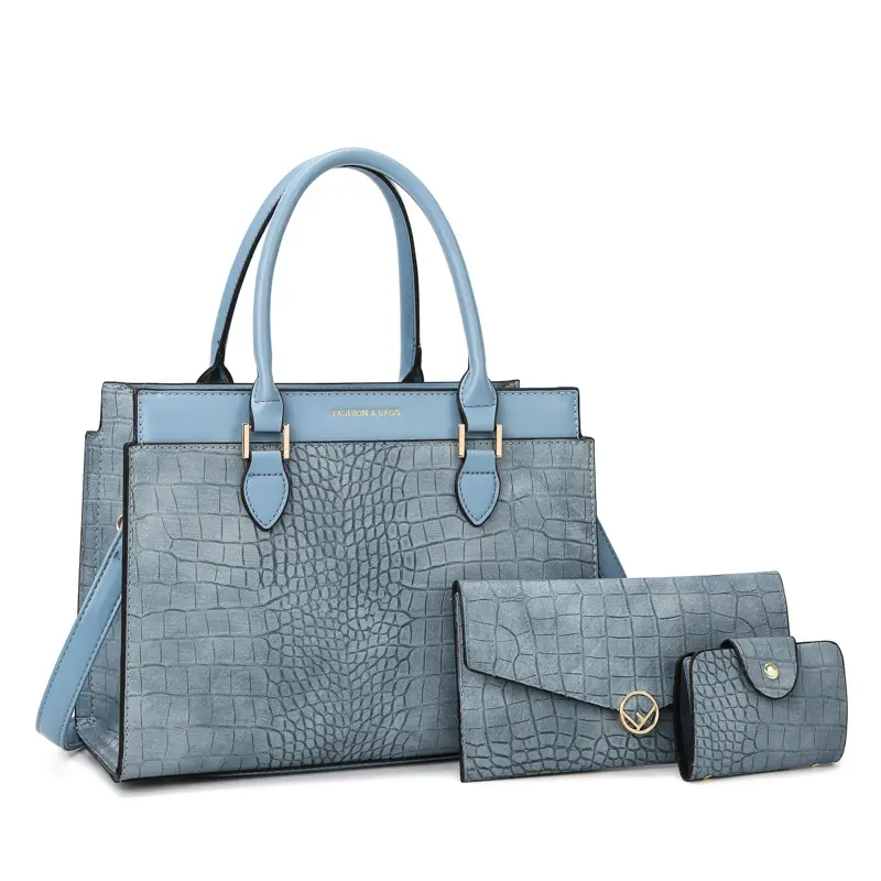 The new style is simple solid color large capacity crocodile pattern three-piece bag lady shopping