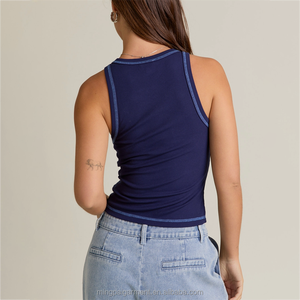 Custom Logo <strong>Navy</strong> <strong>Blue</strong> Racerback Tank <strong>Top</strong> Women Contrast Trim Ribbed <strong>Crop</strong> <strong>Top</strong> Vintage Sporty Style Basic <strong>Top</strong> for Women - Product Image 3