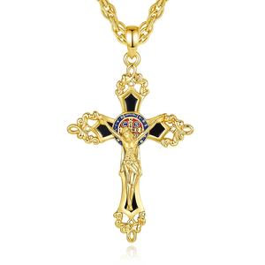 Collar con Colgante de <span class=keywords><strong>Cruz</strong></span> Crucifijo de Cobre Chapado <span class=keywords><strong>en</strong></span> Oro de 18K con Incrustaciones de Obsidiana y Esmalte Rojo y Azul, Joyería Religiosa Católica al por Mayor - Product Image 1