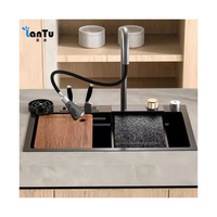2024 nouvel évier intelligent évier de cuisine fait à la main moderne cascade noir nano évier de cuisine en acier inoxydable avec porte-couteau