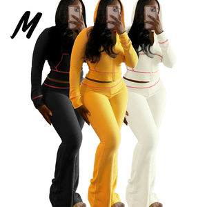 Custom Logo Dames Wafel Gebreide Tweedelige Outfit Set Met Lange Mouwen En Capuchon Met Rits En Wijde Pijpen Wijd Uitlopende Broek - Product Image 1