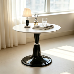 Modern <b>Round</b> <b>Side</b> <b>Table</b> White Tabletop Glossy <b>Black</b> Pedestal Base Silver Decor Ring Living Room <b>Table</b> Hotel Accent Furniture - Product Image 1
