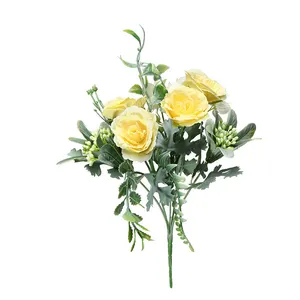 ดอกไม้ประดิษฐ์ทำจากผ้าไหมสัมผัสจริง29ซม. 5กิ่งสำหรับงานแต่งงานของขวัญวันวาเลนไทน์