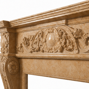 Cheminée traditionnelle en marbre avec sculptures ornées, en pierre beige crème classique, foyer intérieur à bois pour salle à manger - Product Image 4